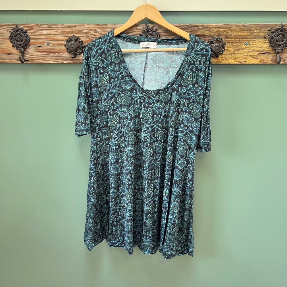 Natural Life Teal Floral Paisley Short Sleeve Tunic Scoop Neck Dress Size Medium